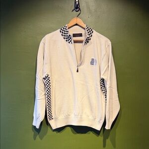 Vintage Cream Zip-Up Sweater with Black Checkered Detail and Dog Embroidery